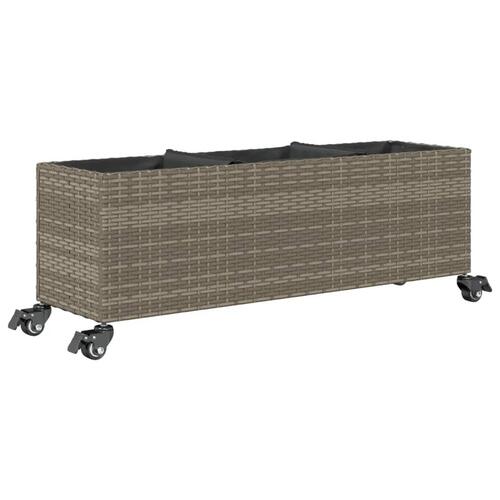 Plantekasse med hjul og 3 krukker 107x32x38 cm polyrattan grå