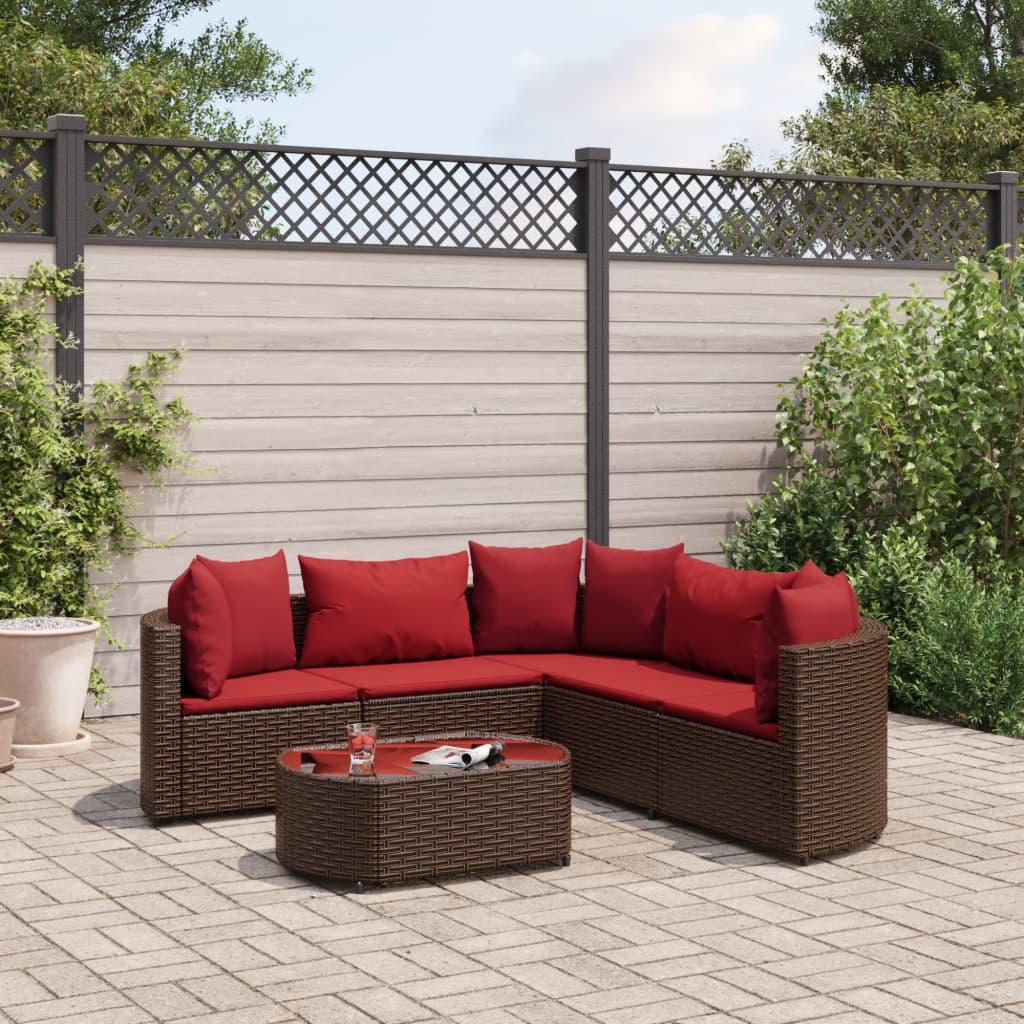 Sofasæt Til Haven 7 Dele Med Hynder Polyrattan Brun - 5 / Brun og rød
