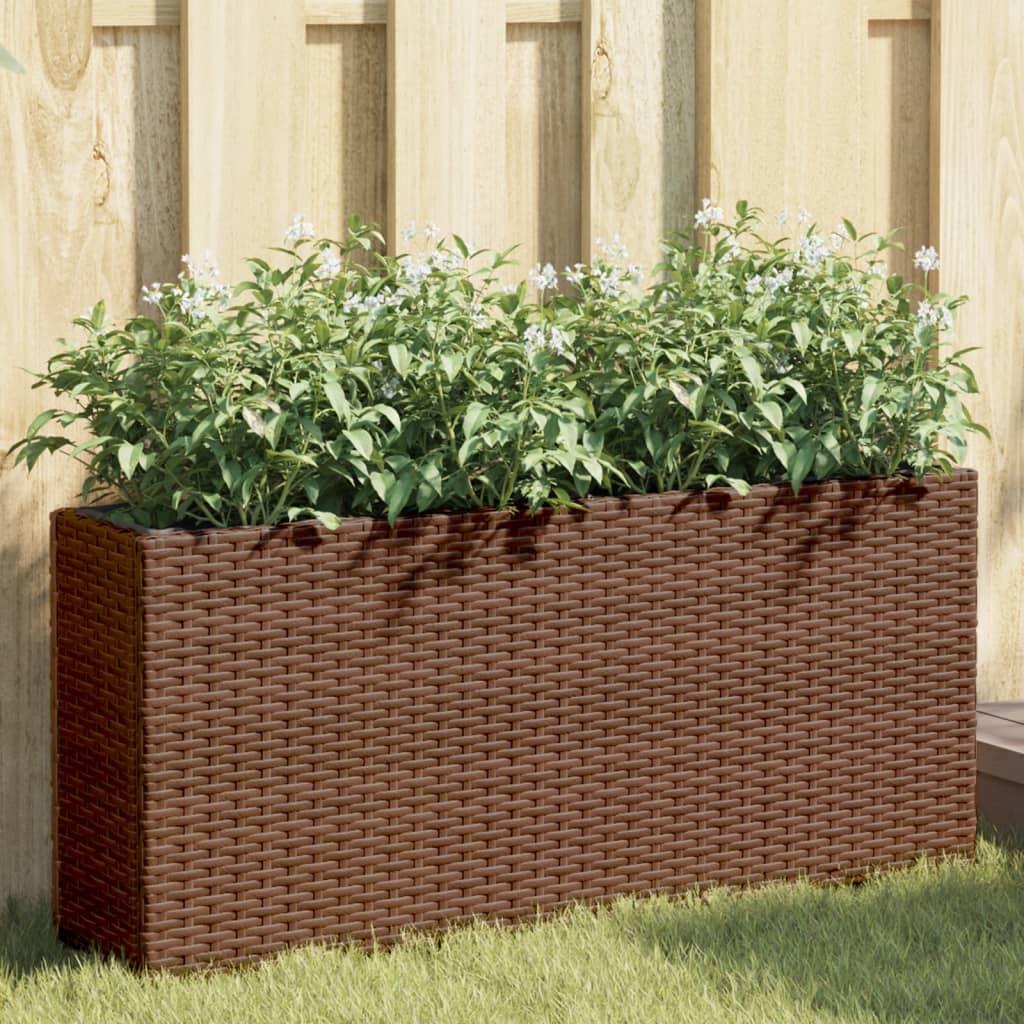 Plantekasse med hjul og 2 krukker 90x20x40 cm polyrattan brun