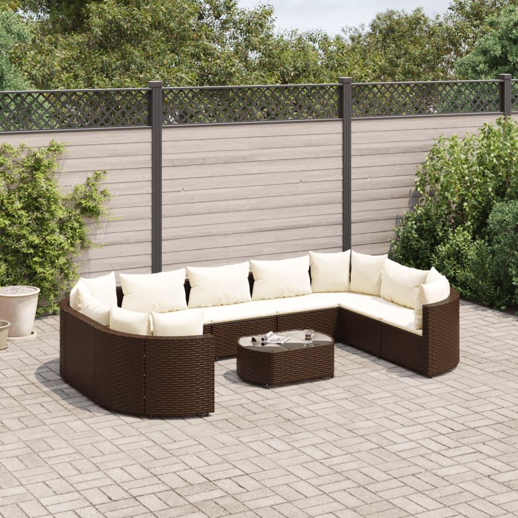 Havesofasæt i polyrattan - 10 dele med hynder, brun
