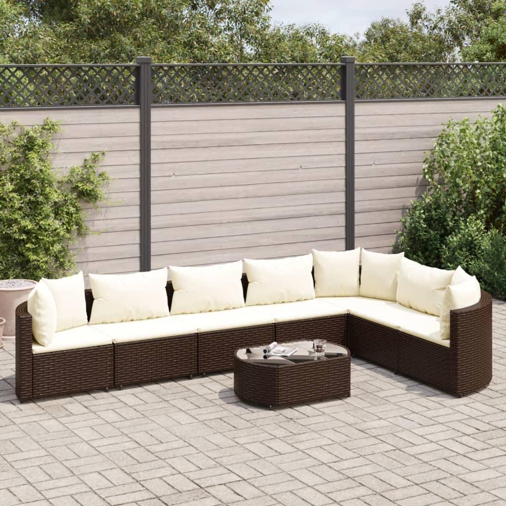 Haveloungesæt i polyrattan 8 dele med hynder og sofabord - brun/creme