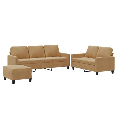 Sofasæt i velour, 3 dele med hynder - brun