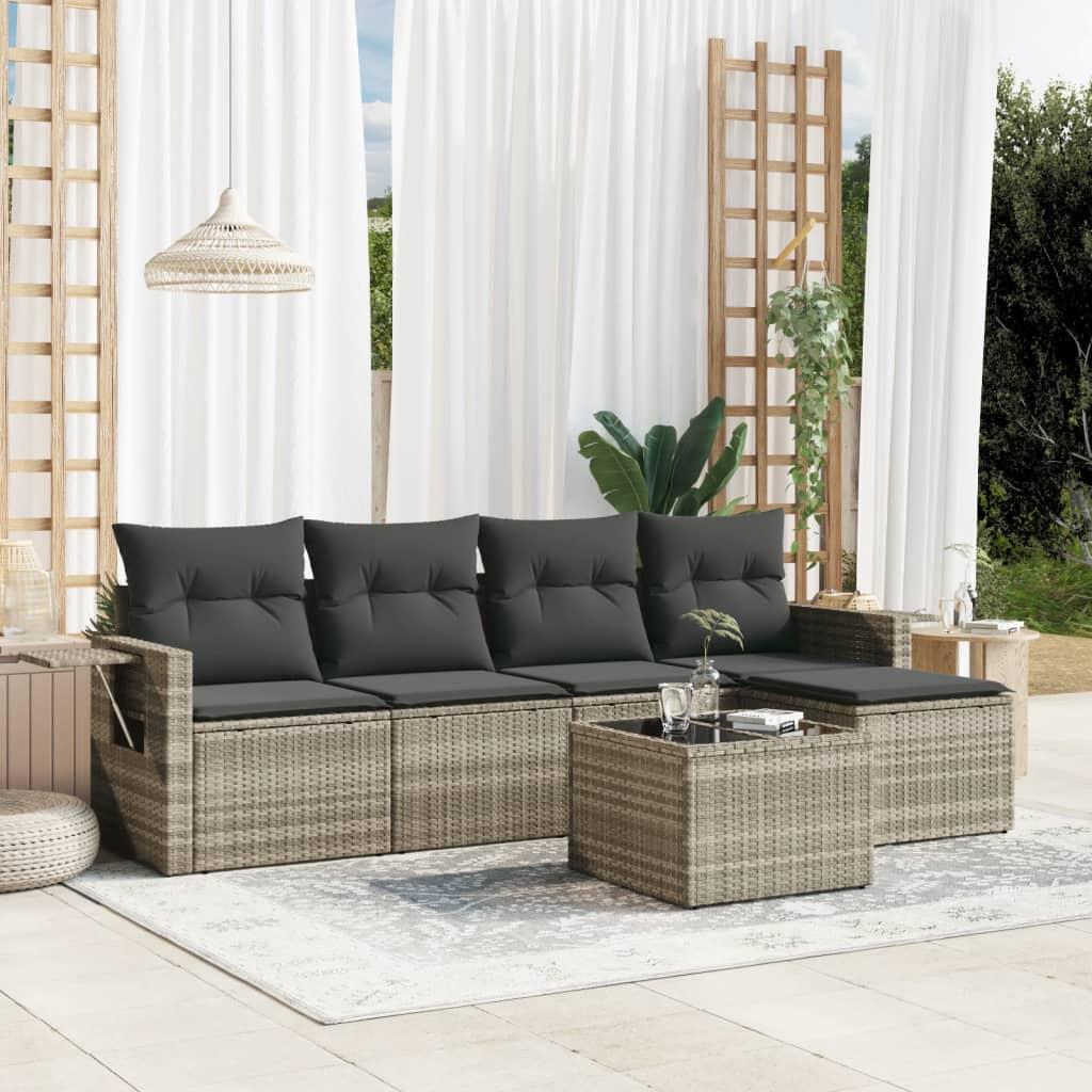 Sofasæt til haven 6 dele med hynder og opbevaring i polyrattan lysegrå