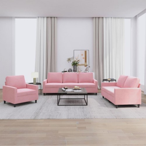 Sofasæt i velour - 3 dele med hynder, lyserød