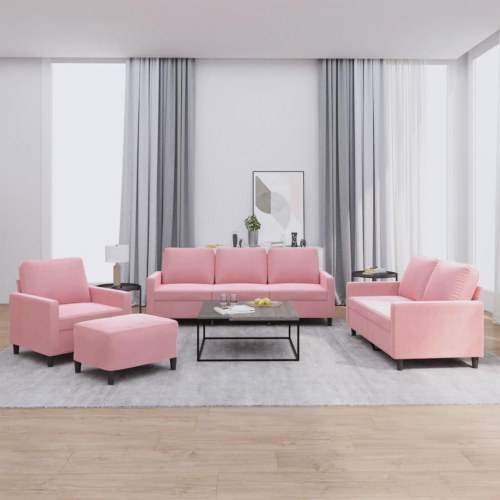 Sofasæt i velour - 4 dele med hynder, lyserød