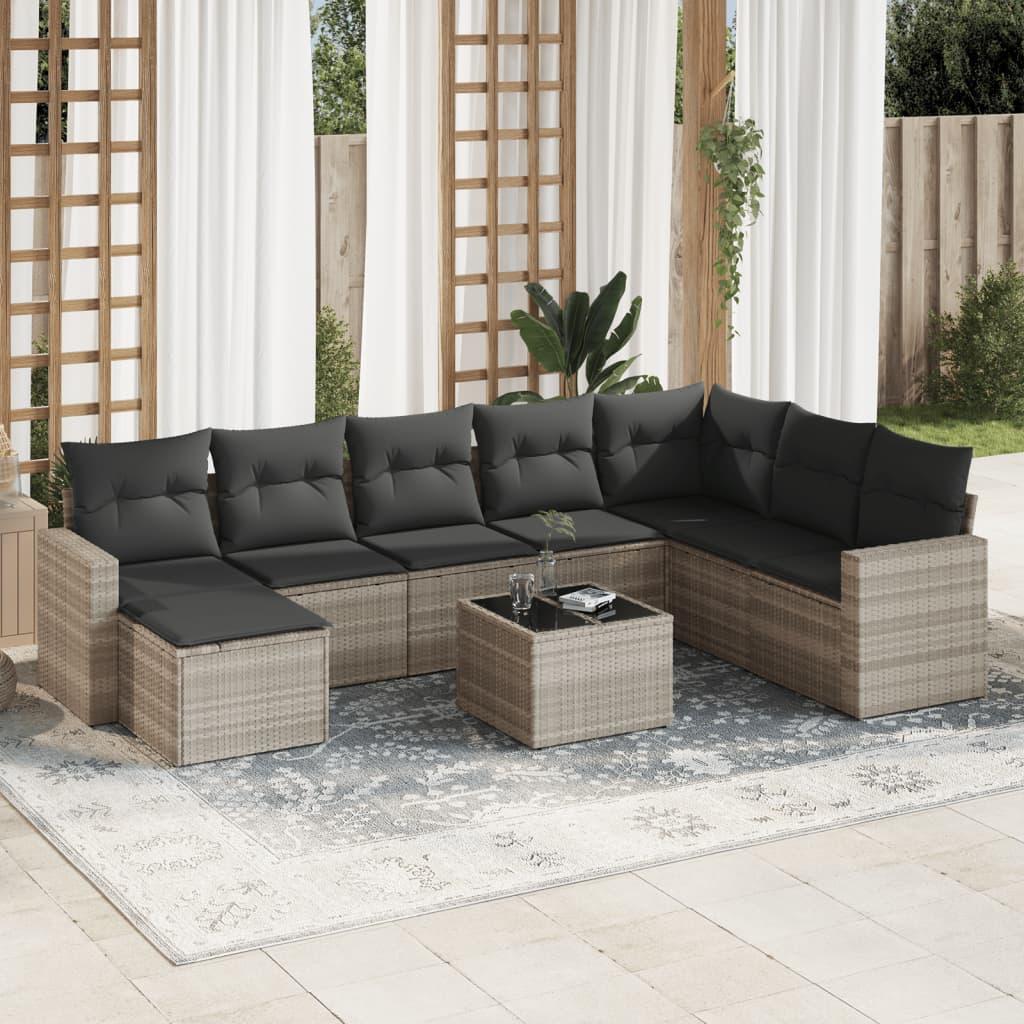 Sofasæt Til Haven 9 Dele Med Hynder Polyrattan - Lysegrå / Med bord