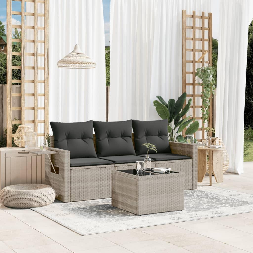 Sofasæt til haven i polyrattan, 4 dele med hynder - lysegrå