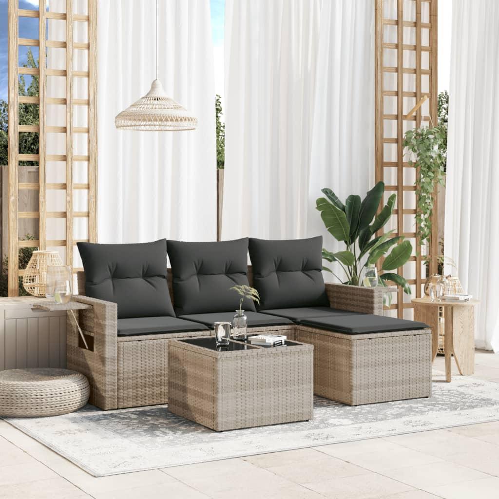 Sofasæt til haven i polyrattan - 4 dele med hynder, lysegrå