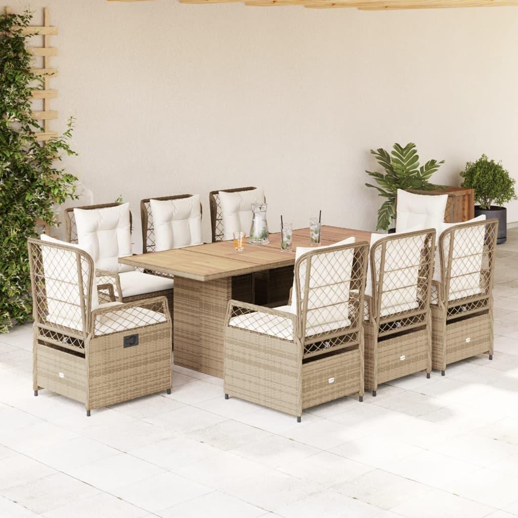Spisebordssæt til haven i polyrattan, 9 dele med hynder - beige