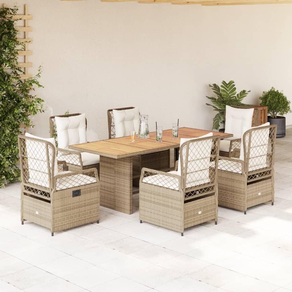 Spisebordssæt til haven i polyrattan, 7 dele med hynder - beige