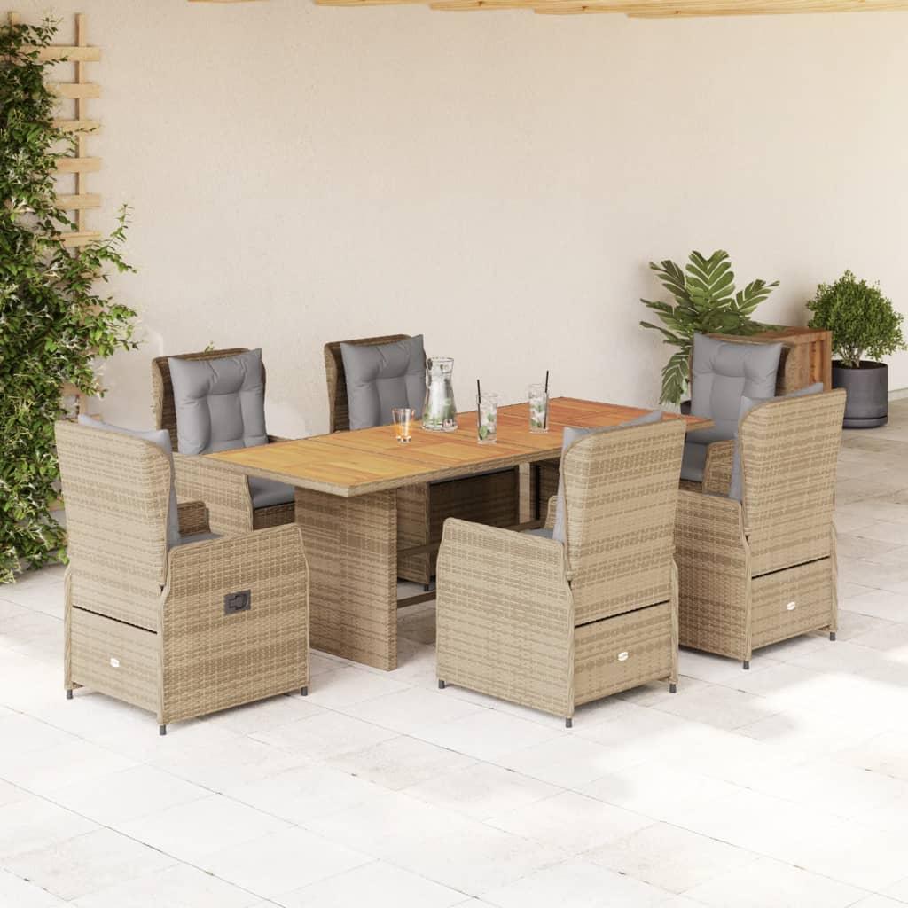 Spisebordssæt til haven 7 dele med hynder i polyrattan - beige