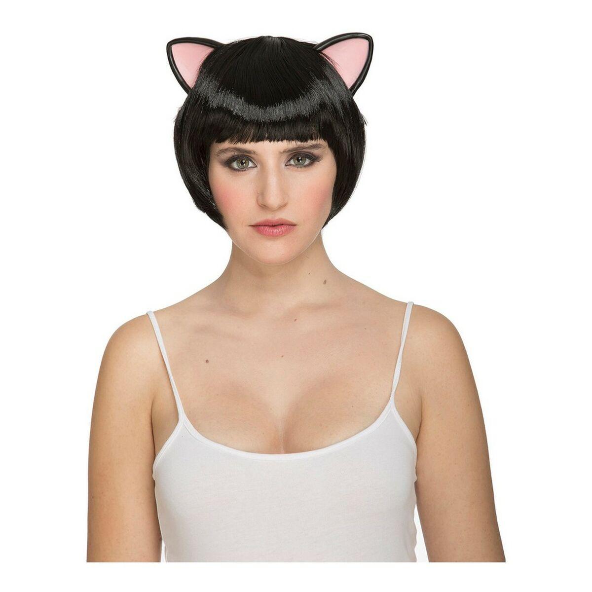 Paryk til kostume - kort sort med katteører