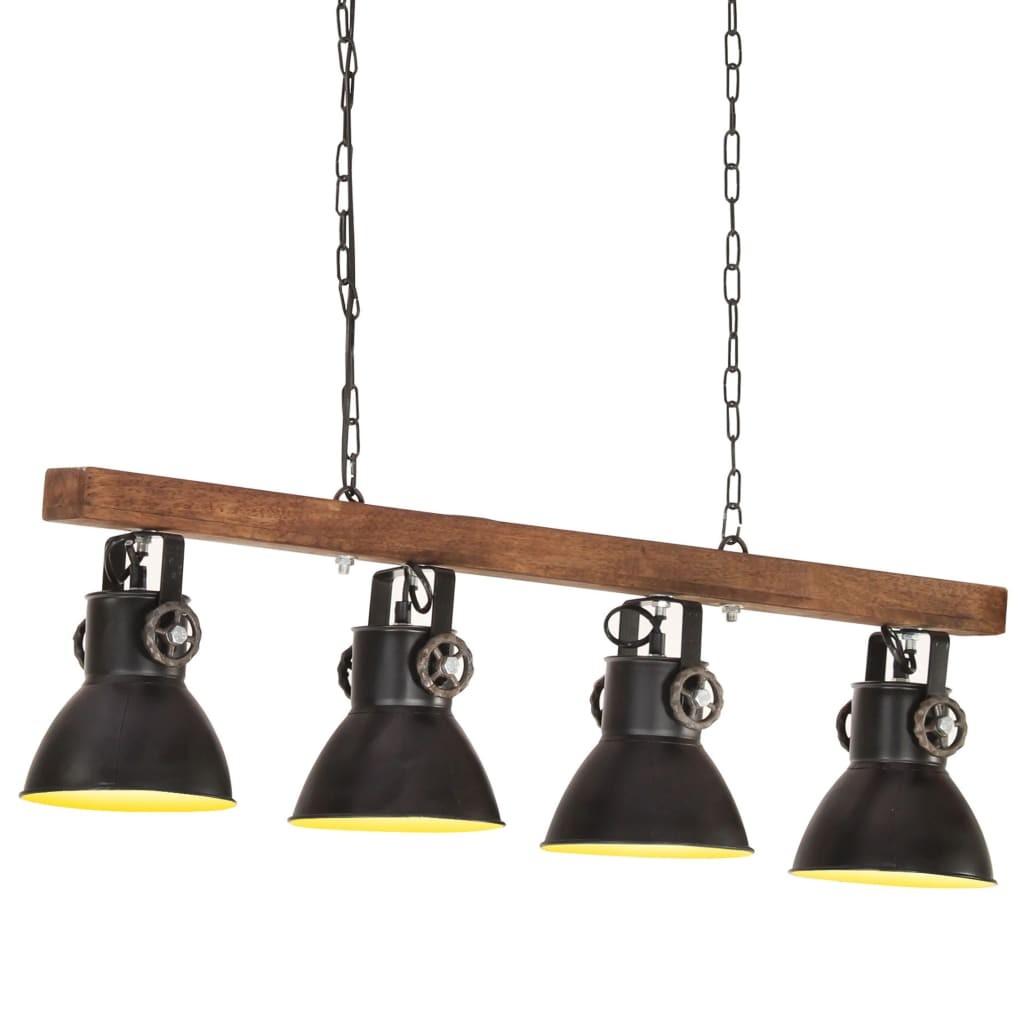 Industriel loftlampe med 4 skærme E27 i mangotræ og sort jern