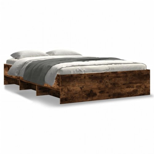 Sengeramme 140 x 190 cm med lamelbund og opbevaringsrum - røget egetræ