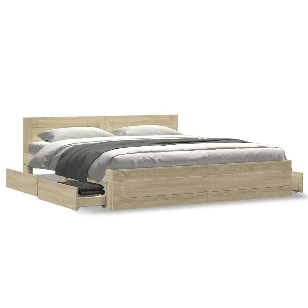 Sengeramme med sengegavl 200x200 cm konstrueret træ sonoma-eg