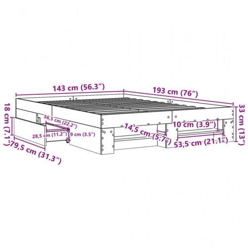 Sengeramme 140 x 190 cm med opbevaring - røget eg