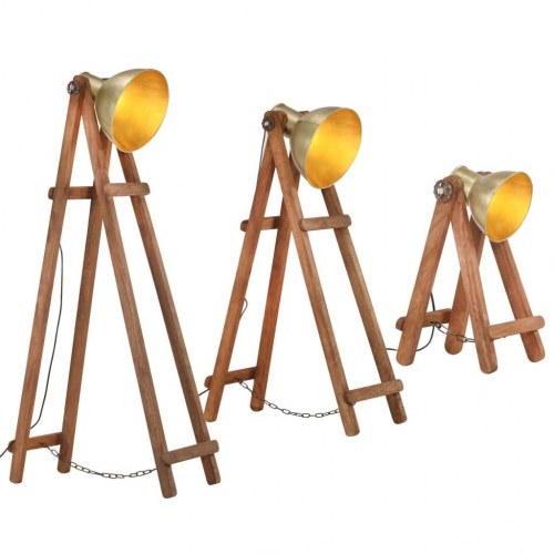 Gulvlamper 3 stk. E27 massivt mangotræ messingfarvet