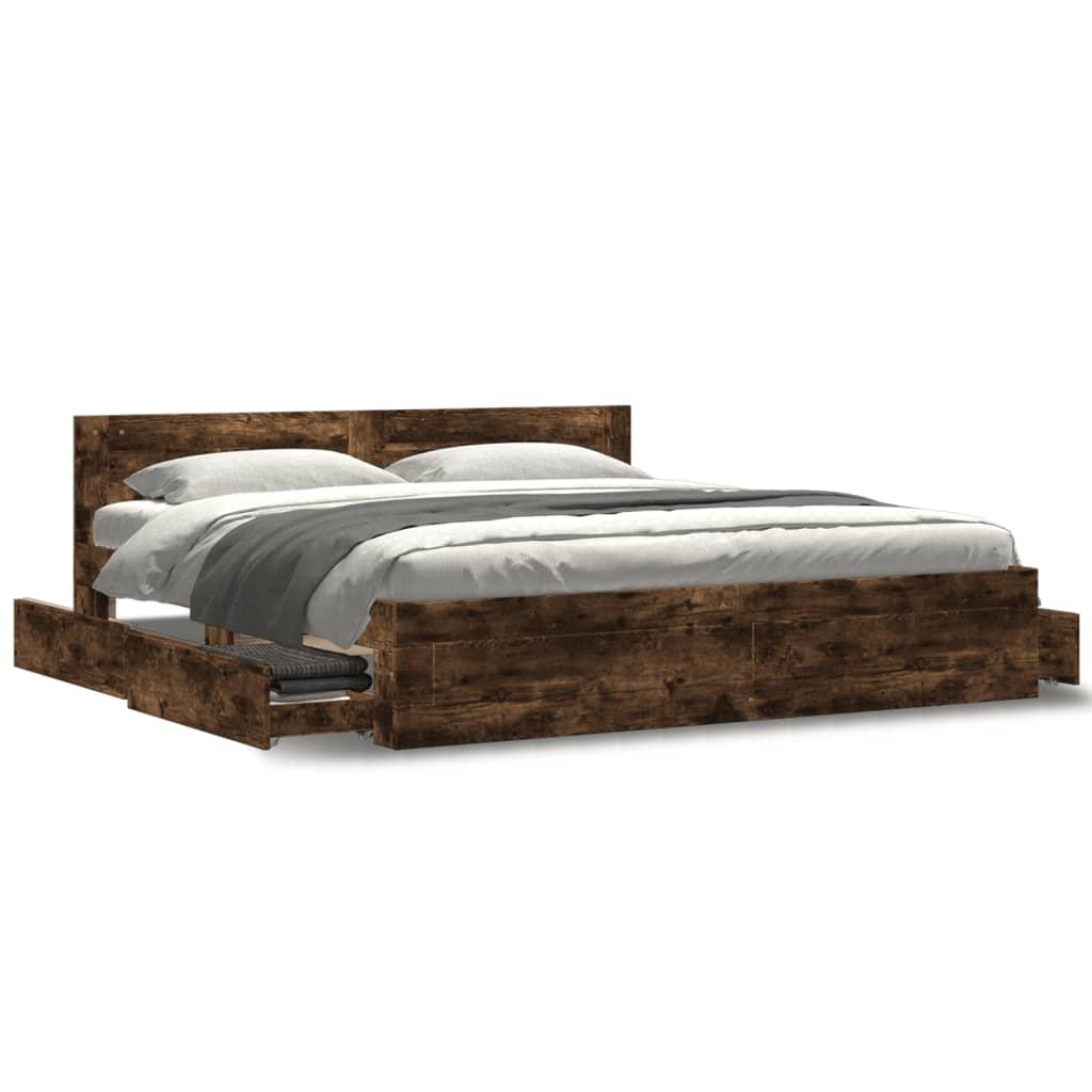 Sengeramme med sengegavl 200x200 cm konstrueret træ røget eg