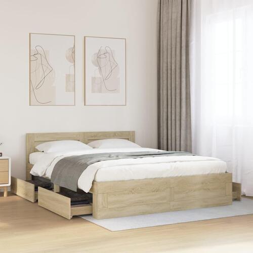 Sengeramme med sengegavl 160x200 cm konstrueret træ sonoma-eg