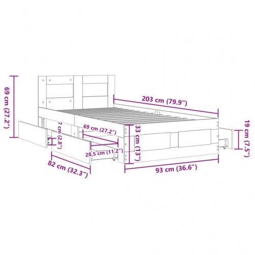 Sengeramme med sengegavl og skuffer 90 x 200 cm - betongrå