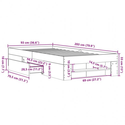 Sengeramme 90 x 200 cm med opbevaring - grå sonoma-eg