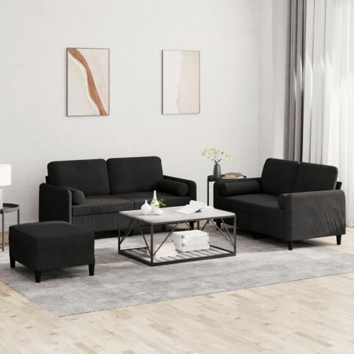 Sofasæt i velour - 3 dele med puder, sort