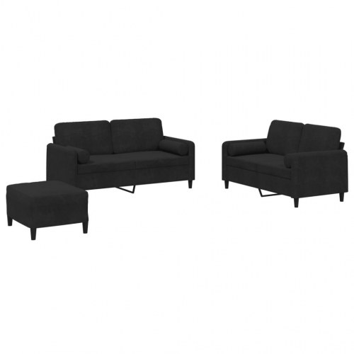 Sofasæt i velour - 3 dele med puder, sort