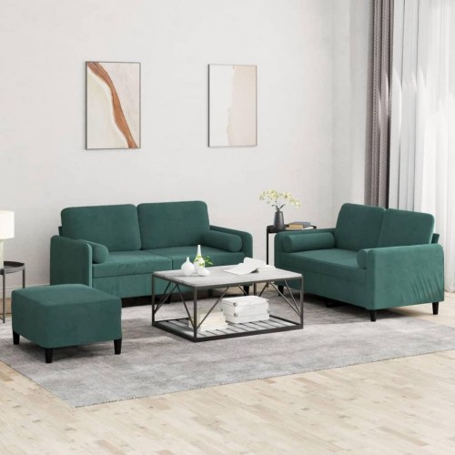 Sofasæt i velour - 3 dele med puder og fodskammel, mørkegrøn