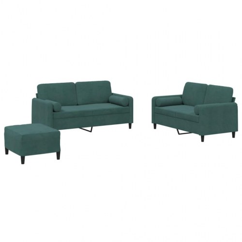Sofasæt i velour - 3 dele med puder og fodskammel, mørkegrøn
