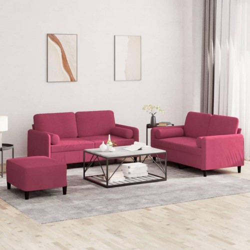 Sofasæt i velour - 3 dele med puder og fodskammel, vinrød