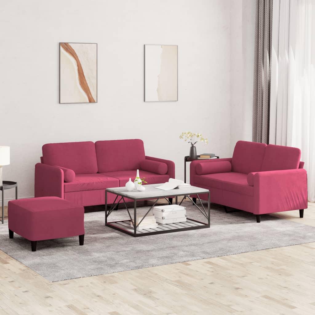 Sofasæt i velour - 3 dele med puder og fodskammel, vinrød