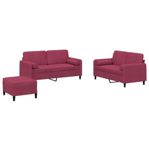 Sofasæt i velour - 3 dele med puder og fodskammel, vinrød