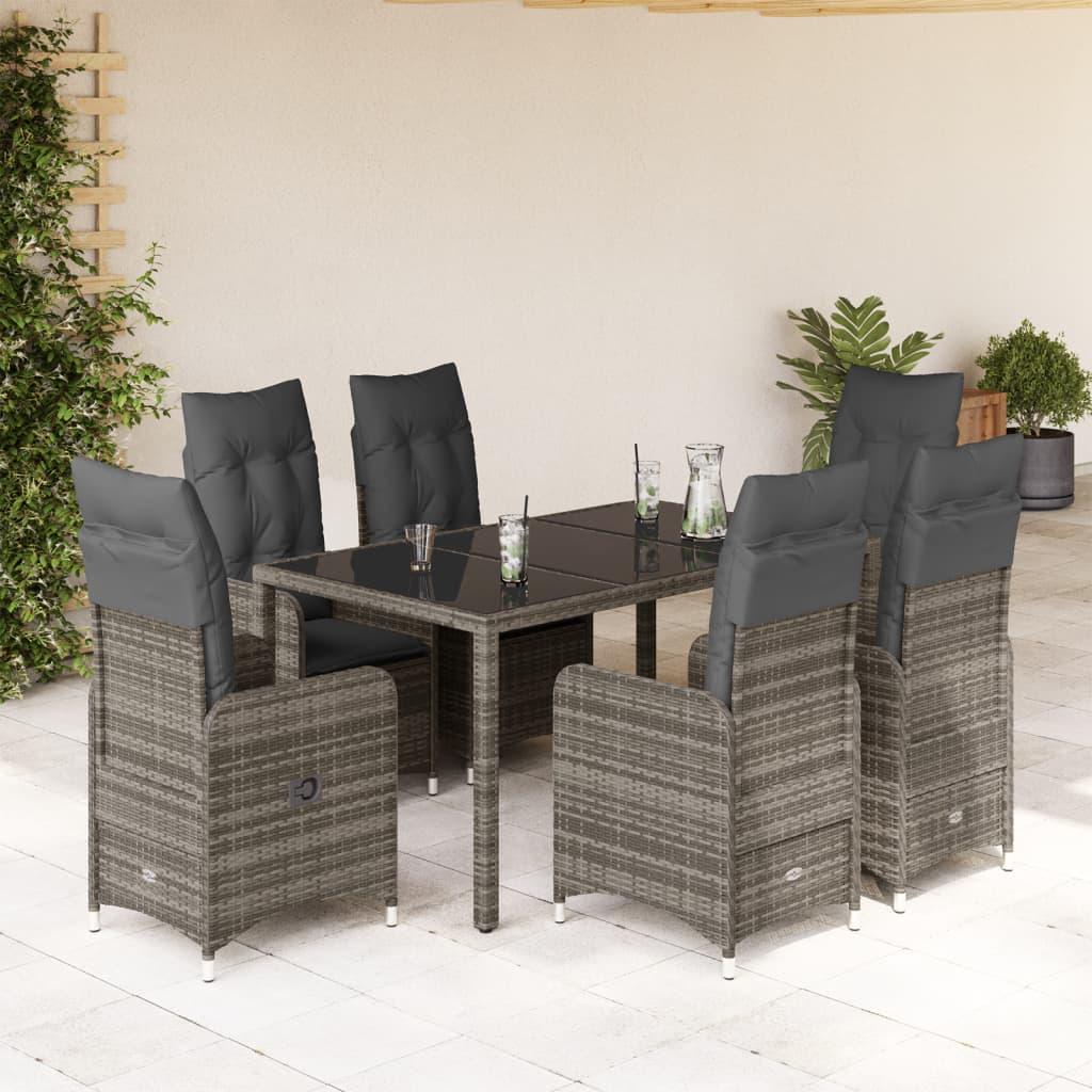 Bistrosæt Til Haven 7 Dele Med Hynder Polyrattan Grå - 6 / Uden fodskammel / 150 x 90 x 75 cm