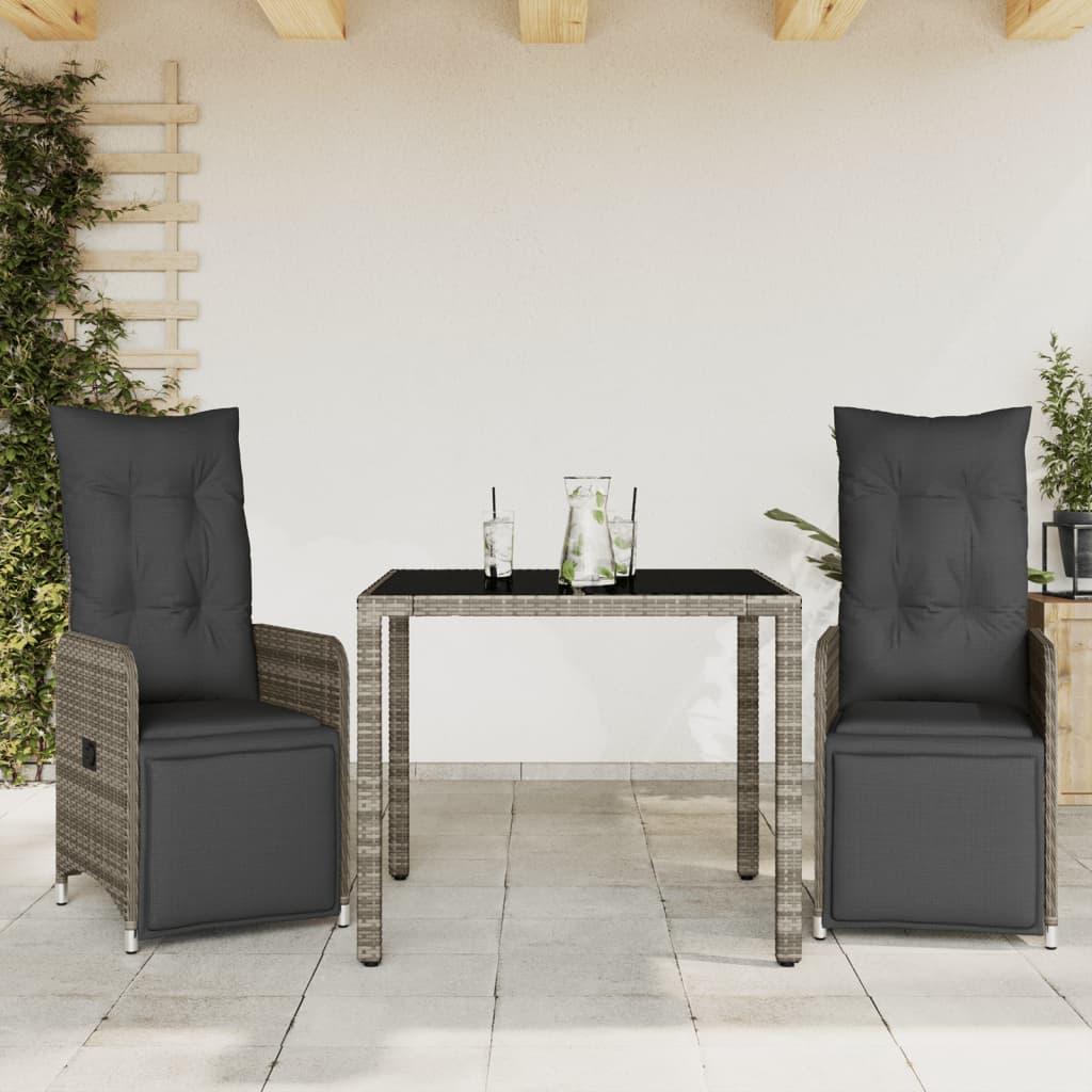 Bistrosæt Til Haven 9 Dele Med Hynder Polyrattan Grå - 2 / Glas / 90 x 90 x 75 cm
