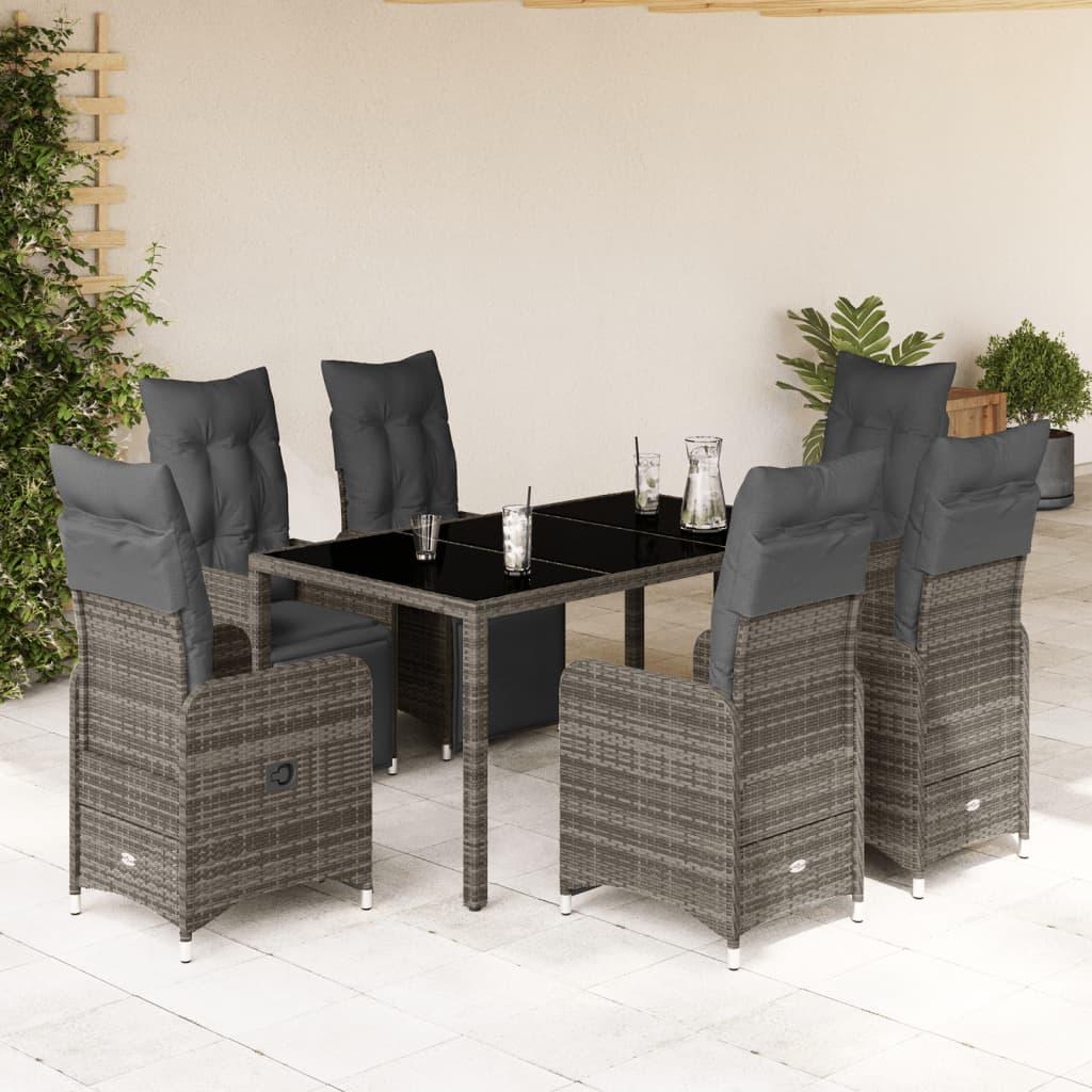 Bistrosæt Til Haven 9 Dele Med Hynder Polyrattan Grå - 6 / Glas / 150 x 90 x 75 cm
