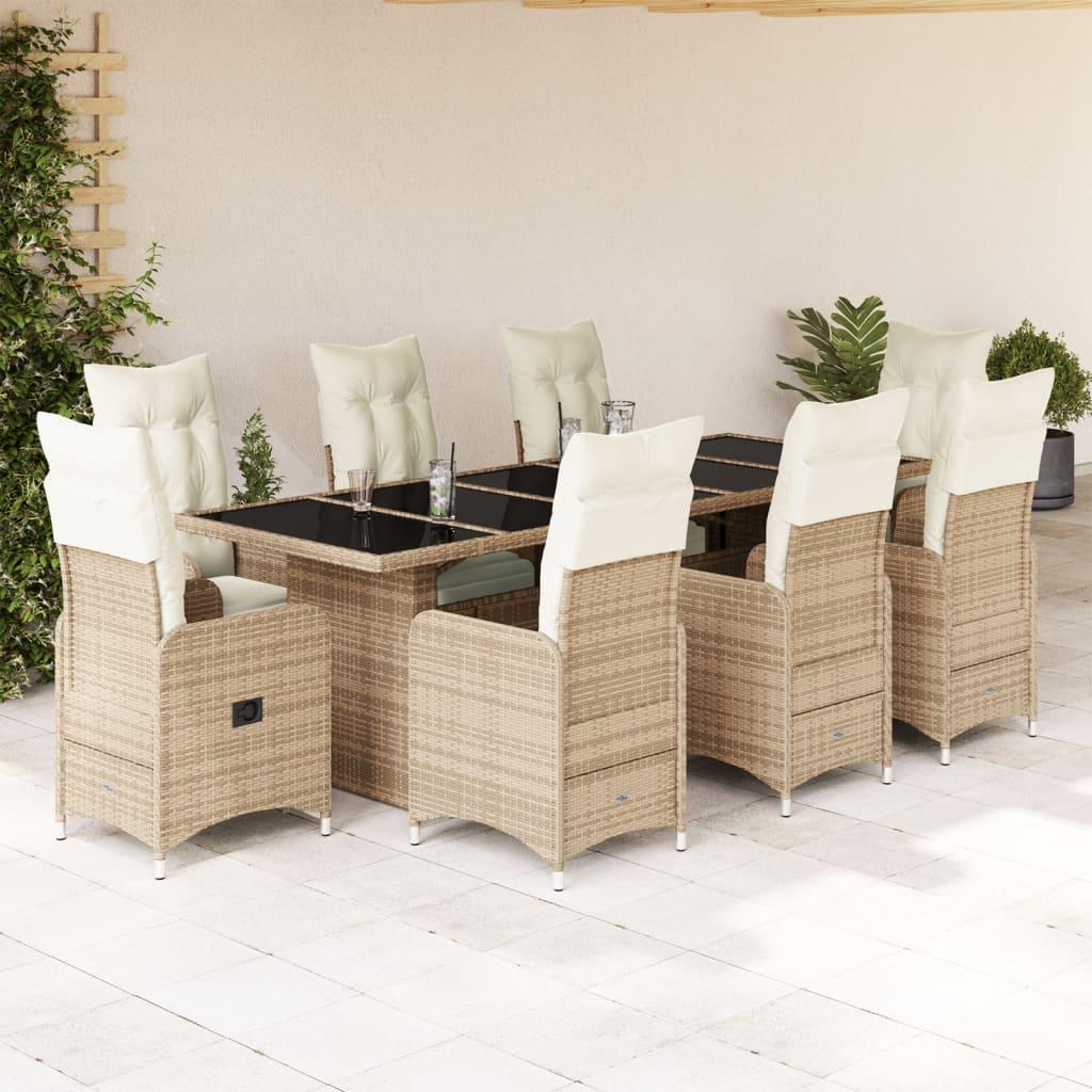 Bistrosæt Til Haven 9 Dele Med Hynder Polyrattan - 8 / Beige / Glas
