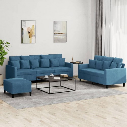 Sofasæt i velour - 3 dele med hynder, blå