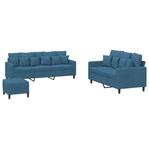 Sofasæt i velour - 3 dele med hynder, blå