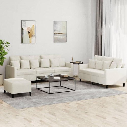 Sofasæt i velour - 3 dele med hynder, cremefarvet
