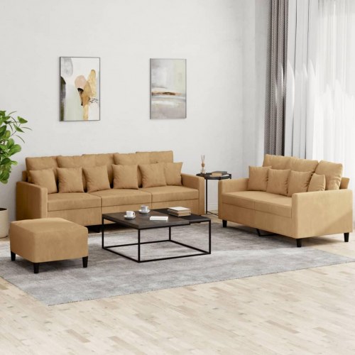 Sofasæt i velour, 3 dele med hynder - brun