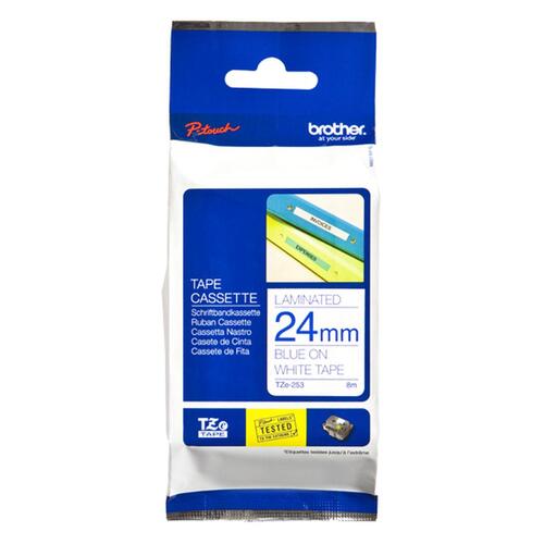 Brother lamineret labeltape TZe-253 - 24 mm, blå på hvid, 8 m