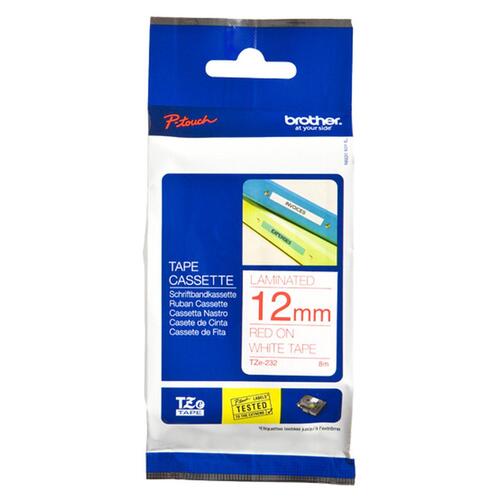 Brother TZe-232 lamineret tape - rød på hvid, 12 mm x 8 m