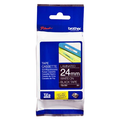 Brother lamineret tape TZe-355 - hvid tekst på sort, 24 mm x 8 m