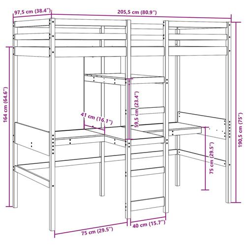 Højseng m. skrivebord og hylde 90x200 cm massivt fyr gyldenbrun