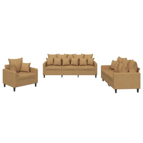 Sofasæt i velour - 3 dele med hynder, brun