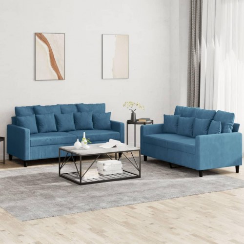 Sofasæt i velour - 2 dele med hynder, blå