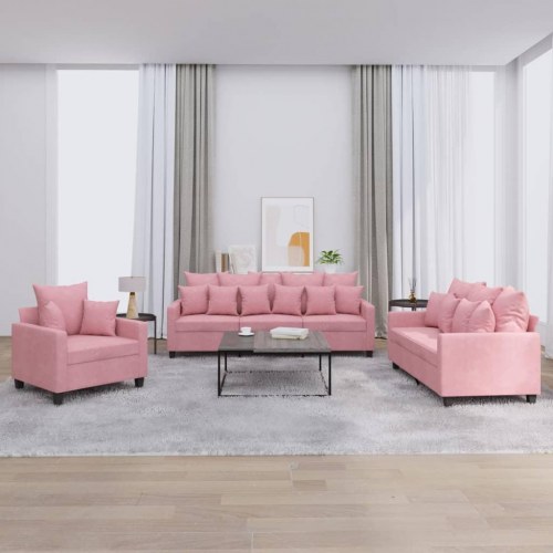 Sofasæt i velour - 3 dele med hynder, lyserød