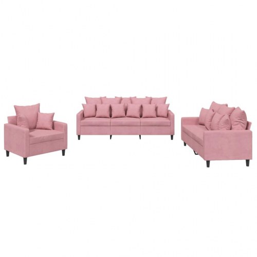 Sofasæt i velour - 3 dele med hynder, lyserød