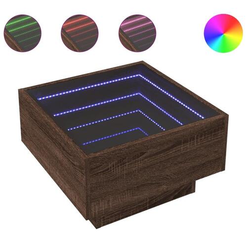 Sofabord med LED-lys 50x50x30 cm konstrueret træ brunt eg