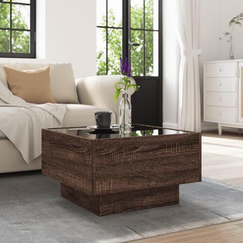 Sofabord med LED-lys 50x50x30 cm konstrueret træ brunt eg